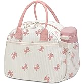 Carry bloom Lunch Box for Women, Insulated Lunch Bag Cute Corduroy Lunchbag Reusable Lunchbox for Work (bow pink)