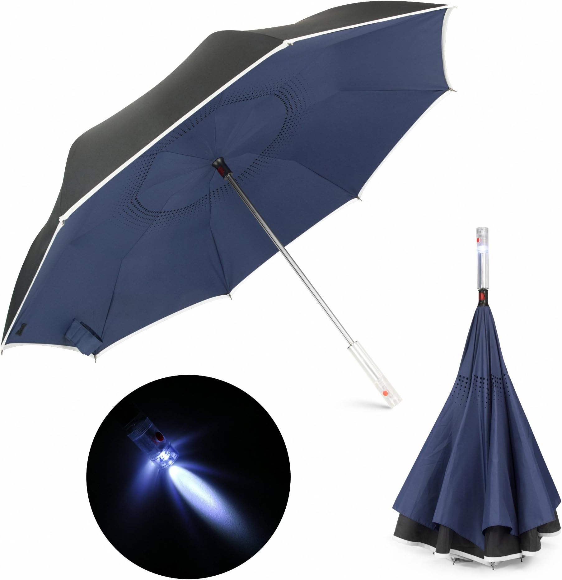 Inverted Umbrella, Veckle Double Layer LED Car Reverse Folding Umbrella Windproof and UV Protection Self Standing Straight Umbrella with Carrying Protective Sleeve, Midnight Blue