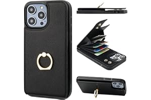 Folosu Compatible with iPhone 14 Pro Max Case Wallet with Card Holder, 360°Rotation Finger Ring Holder Kickstand, RFID Blocking Leather Protective Double Buttons Shockproof Cover 6.7 Inch Black