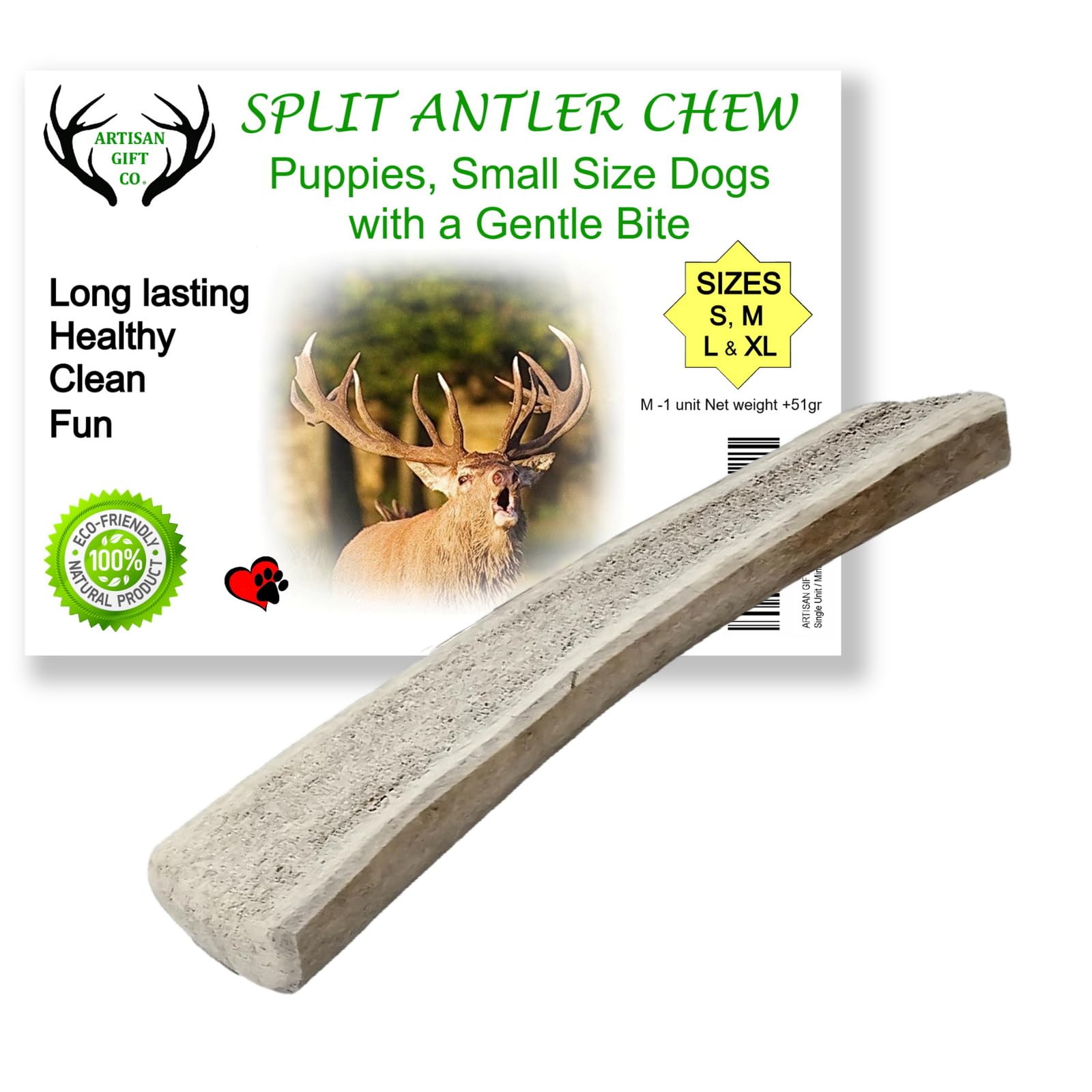 ARTISAN GIFT CO Naturally Shed 100% Natural Premium Split Deer Antler Chew for Dogs - minimum weight 51g (M - 1 Unit)