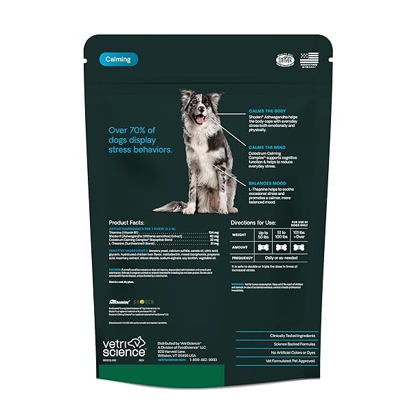 VETRISCIENCE CALM & CONFIDENT CHEWS, COMPOSURE CLINICALLY TESTED CALMING AND ANXIETY ASHWAGANDHA SUPPLEMENT FOR DOGS, STRESS RELIEF, SEPARATION ANXIETY, BEHAVIOR SUPPORT, CHICKEN, 90 COUNT
