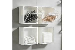 Bathroom Wall Mount Storage Box, Clear Acrylic Hanging Organizer Box with Flip Lid 8.5x8.5x4.5cm No Drill Adhesive for Cotton