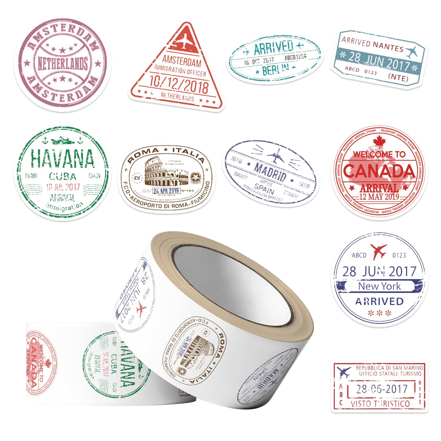 Photo 1 of 1000PCS Retro Passport Stamp Stickers Roll 10 Styles Envelope Seals Stickers Travel Sticker for Kids Vintage Passport Postage Stamps Sticker (Two Rolls of Stickers 500 PCS Each)