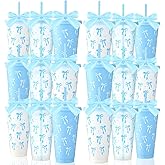 Skylety 24 Pcs 24oz Bow Plastic Cups with Lid Straw and Ribbon Set Bow Covers Reusable Coquette Valentines Party Drinking Cups for Wedding Baby Shower Birthday Party Favors (Blue)
