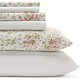 Laura Ashley - King Sheets, Cotton Percale 6-Piece Bedding Set, Crisp & Cool Home Decor (Marissa Coral, King)