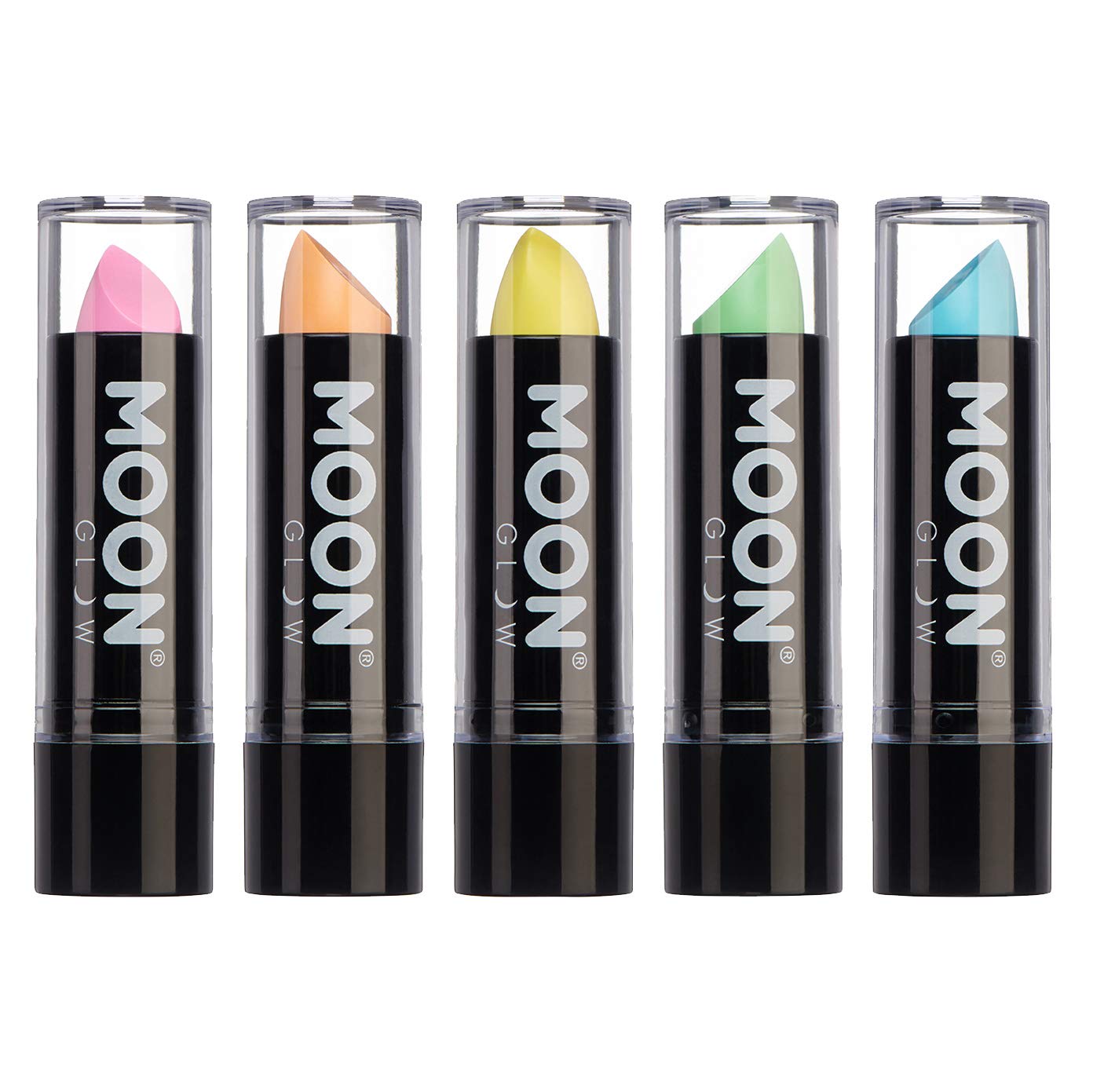 Neon UV Lipstick by Moon Glow - Pastel set of 5 colours - Bright Neon Coloured Lipstick - Glows under UV