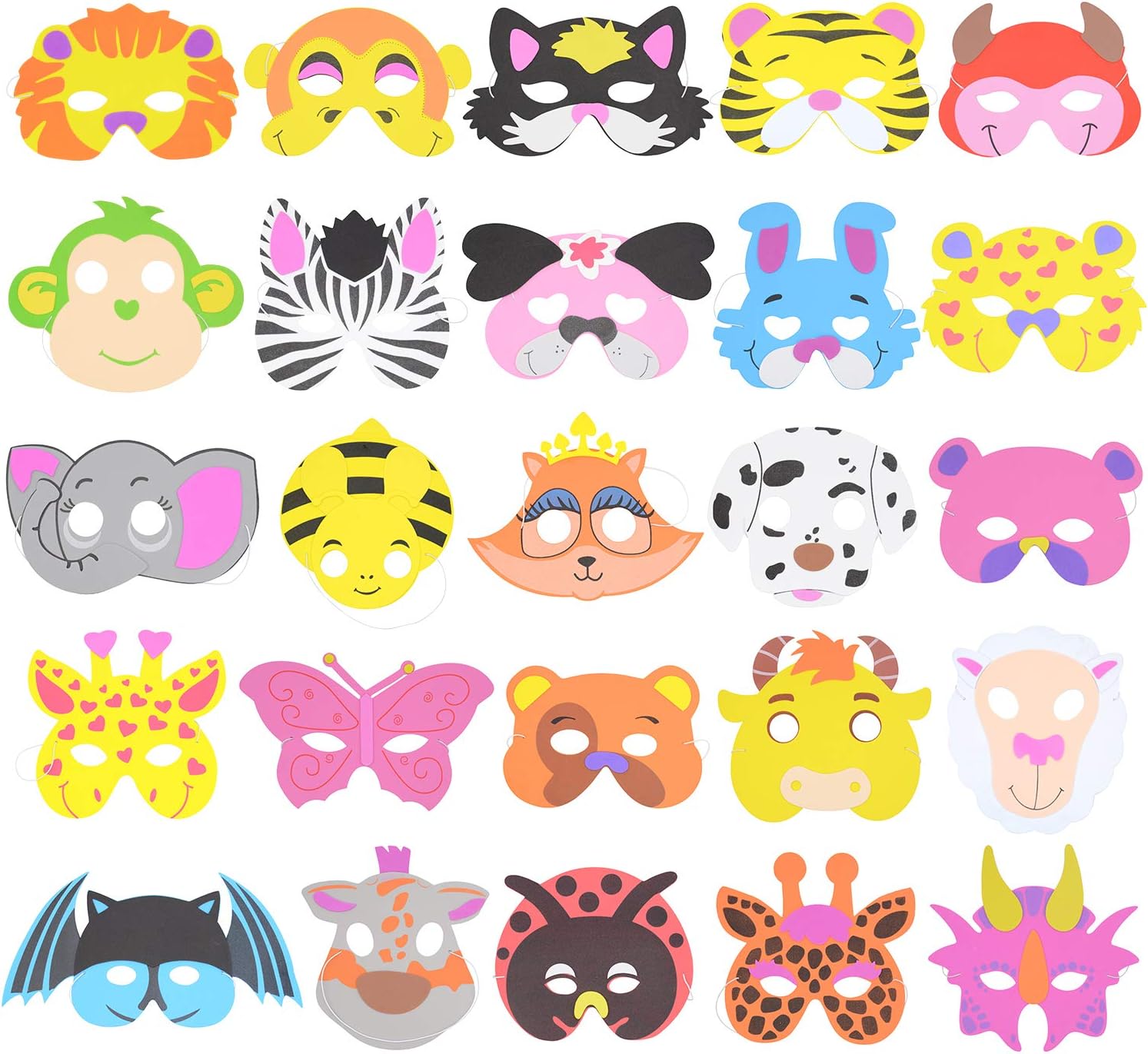 RETON 50 Pcs Children's Foam Animal Masks Dress-Up Party Accessory for School, Home (50 Different Designs)