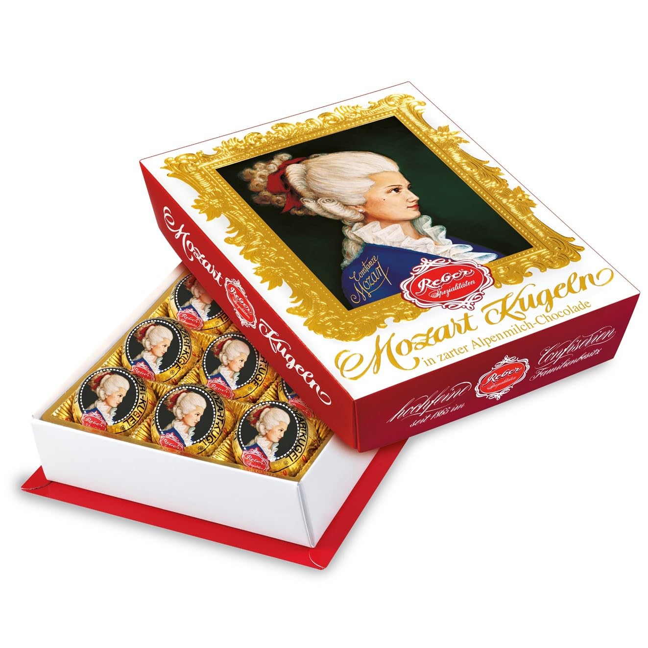 Reber, Constanze Mozart-Kugeln Barock, 15er Packung, Kugeln aus Alpenmilch Schokolade, Gefüllt mit Pistazien, Marzipan, Mandeln, Haselnuss-Nougat, 300g (15 Constanze Stück)
