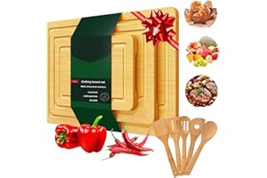 Bamboo Cutting Board for Kitchen, Set of 3 Pcs Chopping Board with 6 Spoons, Bamboo Cutting Boards for Bread, Cheese, Fruits,