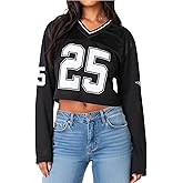 Coloquin Women Long Sleeve Cropped Jersey Shirts Oversized Graphic Tees Y2k Crop Top Football Jersey Streetwear