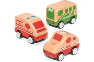 Wanborns 3pcs Wooden Toys Cars, Taxi, Fire Truck, City Bus, Educational Toy, Early Learning for Toddlers, Colorful Vehicles Play Set for 2 3 Year Old Boys Girls Christmas Birthday Gift