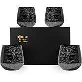 Sky Fish Stemless Stainless Steel Etching Wine Glasses,18 oz Black Plated,Set Of 4