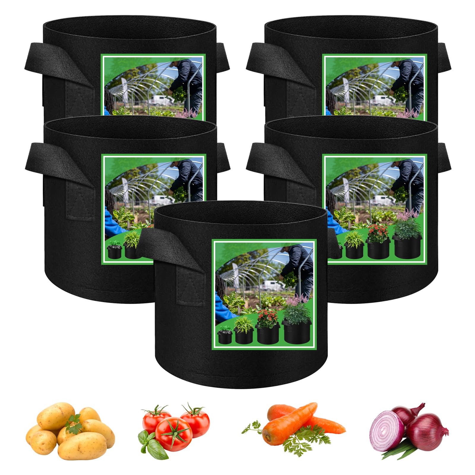 5 Pack Vegetable Grow Bags, Gardening Plant Growing Bags Breathable Non-woven Fabric Plant Pots with Handles Indoor & Outdoor Grow Containers for Vegetable/Flower/Plant/Fruits, 10 Gallon(Black)