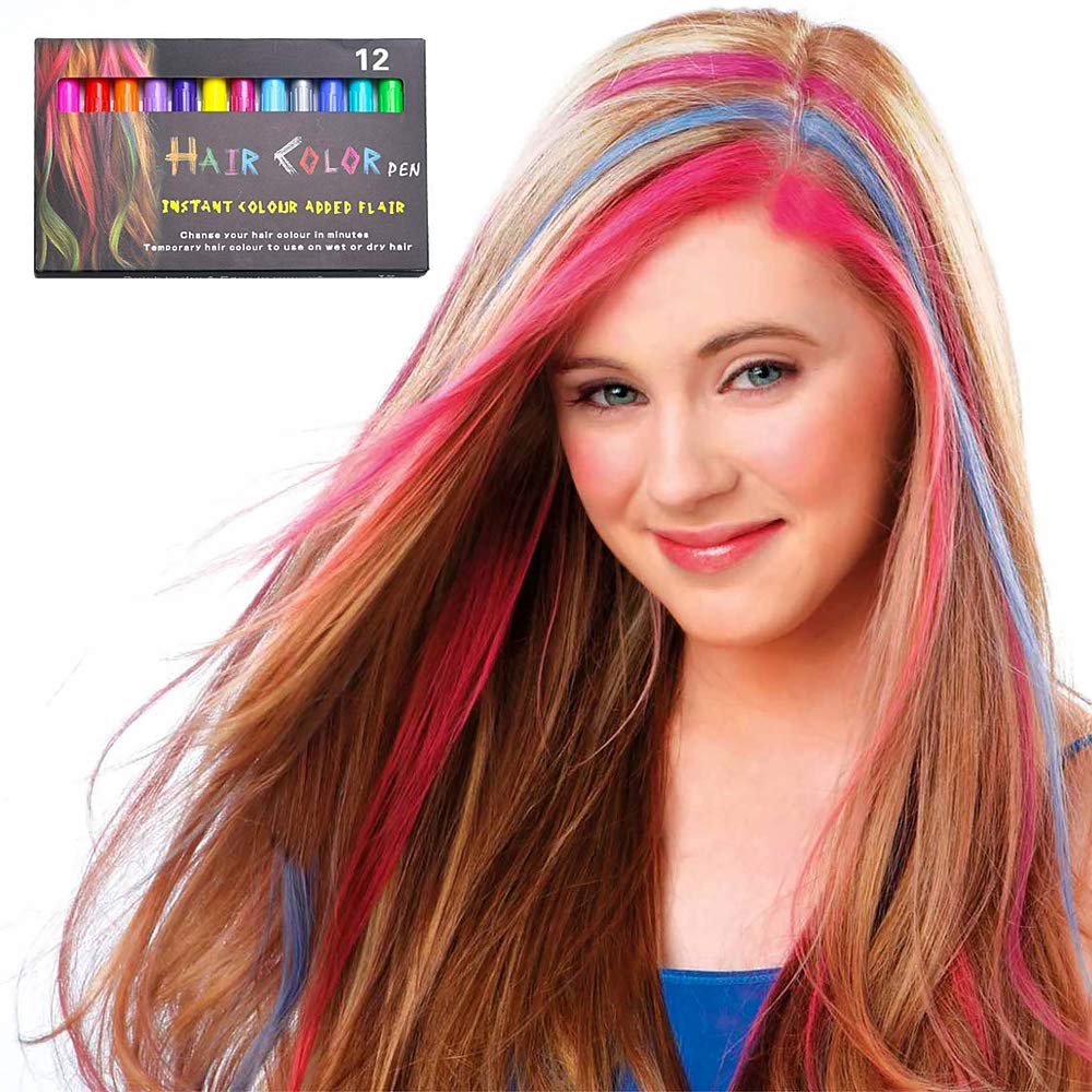 NANW 12 Color Temporary Hair Chalk, Hair Pens Crayon Salon Non-toxic Washable Hair Dye Safe for Cosplay Birthday New Year Christmas Gift for Makeup Kids Girls Teen Adults
