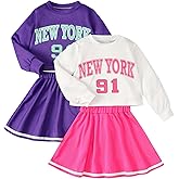 Fdqin Girls Fall Winter Outfits 4 Piece Clothes Long Sleeve Sweatshirt and Pleated Skirt Set for Kids Teen Size 7-8Years