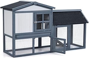 OUTDOORVIBE 54in Wooden Rabbit Hutch, Outdoor Chicken Coop, Bunny Hutch Guinea Pig Pet House Bunny Cage with Side Runs, Weatherproof Roof, Open Courtyard, Removable Tray, Ramps for Small Animals