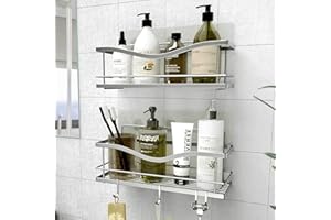 KINCMAX Premium Shower Caddy, Self Adhesive Wall Shower Organizer, 2-Pack No Drill Bathroom Shelves, Rustproof Stainless Steel Shampoo Holder, Storage Rack, Silver