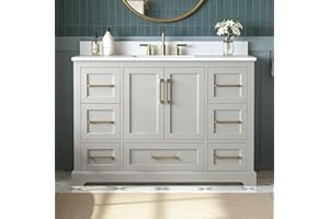 DELUXE LIVING 48 Inch Bathroom Vanity with Sink Combo, Solid Wood Frame with Mable Top &Backspalsh, Fully-Assembled with Soft-Closing Doors & 7 Drawers, Greige