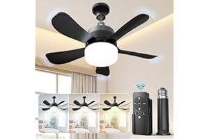 Eonini Socket Ceiling Fan with Light & Remote - 3-Color No Wiring Screw-in Bulb, 1000LM Dimmable for Bedroom/Kitchen, E26 Light Socket Fan 3 Speeds Ultra Quiet (3000K-6000K)