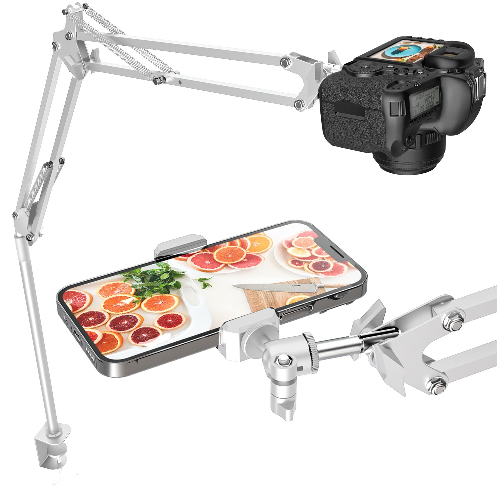 Photo 1 of CACENCAN Overhead Camera Mount, 5lb Horizontal Load-Bearing, 360° Adjustable Stand for Desk, Flexible Arm Desk Mount, with Phone Clamp, Tabletop Mount for DSLR Camera/Webcam/Microphone?White
