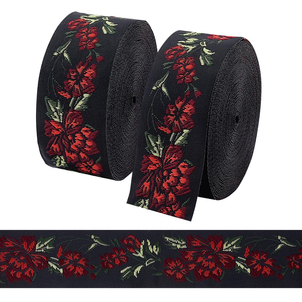 PH PandaHall 13.6m Jacquard Ribbon 3.3cm Vintage Jacquard Trim, Embroidered Woven Ribbons Ethnic Floral Ribbon Fringe Fabric Sewing for Clothing Home Decor Craft Applications, 2 Rolls โ image 1