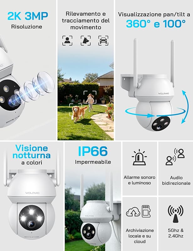 Telecamera di sicurezza esterna 2K 3MP, telecamera WiFi PTZ 360°, visione notturna a colori, rilevamento AI, allarme acustico e luminoso, IP65 resistente alle intemperie, funziona con Alexa e