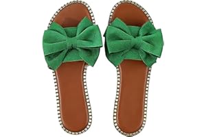 Women Flat Rhinestone Bow Slide Sandals, Summer Casual Open Toe Slip On Slippers for Indoor Outdoor Beach Daily Wear