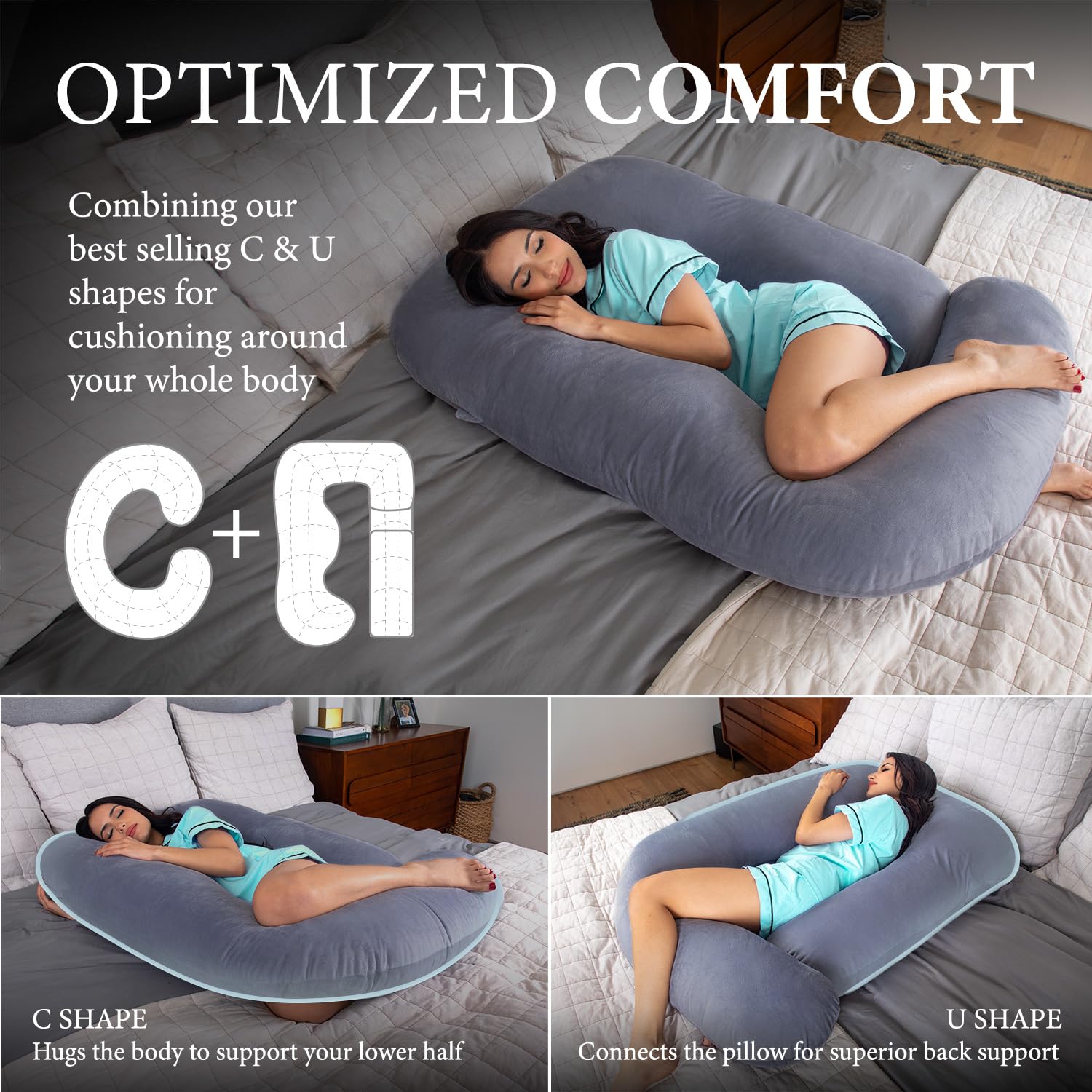 Pharmedoc Pregnancy Pillows, U-Shape Full Body Pillow -Removable Cover Jumbo Size - Gray - Pregnancy Pillows for Sleeping - Body Pillows for Adults, Maternity Pillow and Pregnancy Must Haves