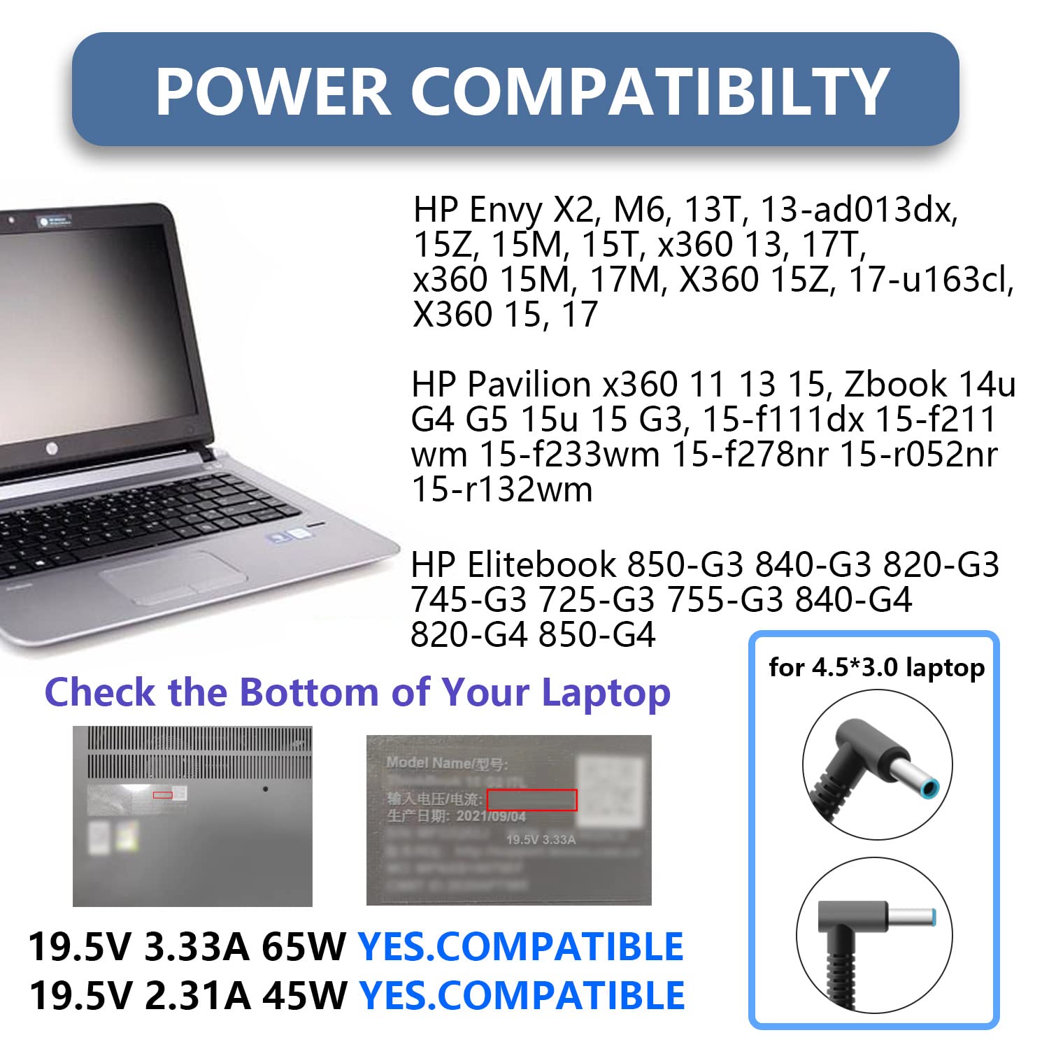 65W 45W Laptop Ladegerät Netzteil 19,5 V 3,33 A für Hp Laptop Ladekabel Elitebook 840 850 G8 Pavilion X360 11 13 14 15 17 Envy Probook 430 450 250 G3 G4 G5 G6 ANTWELON Netzteil AC Adapter 4,5mm 3