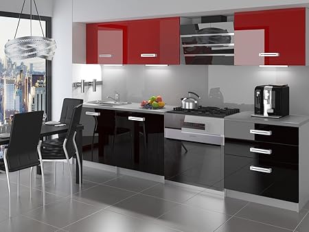 Naka24 Neu Komplette Kuche Infiniti Ii 180 Cm Hochglanz Verschiedene Farbkombinationen Schwarz Rot Amazon De Kuche Haushalt