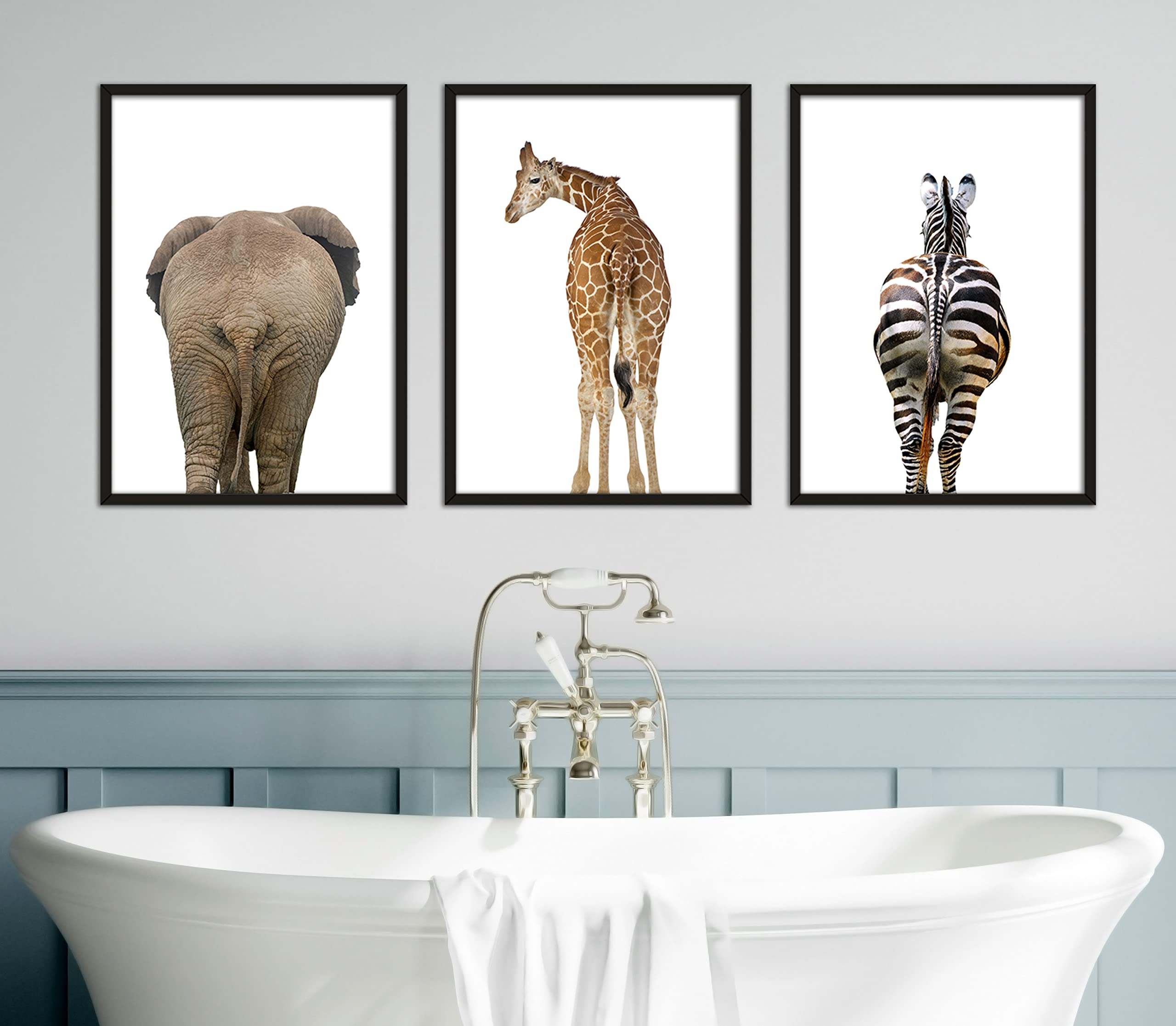 Eviepops Prints Elephant Giraffe Zebra Bum Unframed Set of 3 Safari Animal Prints in Colour, Funny Home Decor, Home Wall Art, New Home Gift, Bathroom Prints (A3) — image 1