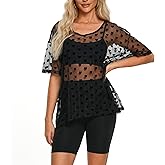 Boximiyaa Womens Oversized T Shirts Short Sleeve Mesh Top Sheer Blouse See Through Glitter Tops Y2K Clubwear