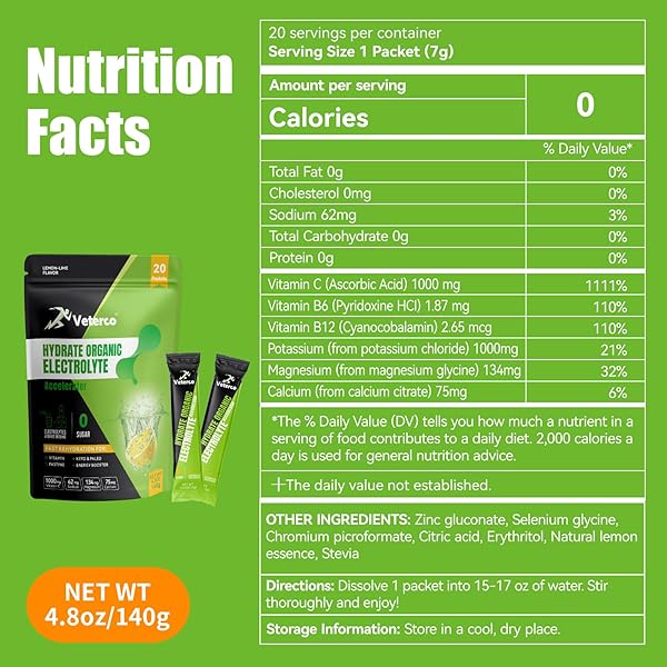 VETERCO HYDRATION ELECTROLYTE POWDER, ELECTROLYTE DRINK, HYDRATION SUPPLEMENT DRINK MIX, HYDRATION PACKETS WITH VITAMIN & MINERALS, KETO FRIENDLY, VEGAN, NON-GMO, NO SUGAR, LEMON FLAVOR (20 STICKS)