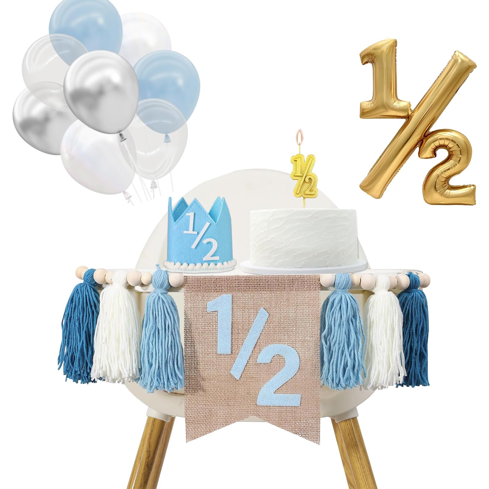 Photo 1 of 1/2 Birthday Boy Half Birthday Decorations High Chair Banner, 6 Month Girl Tassel Wood Bead Highchair Garland Blue