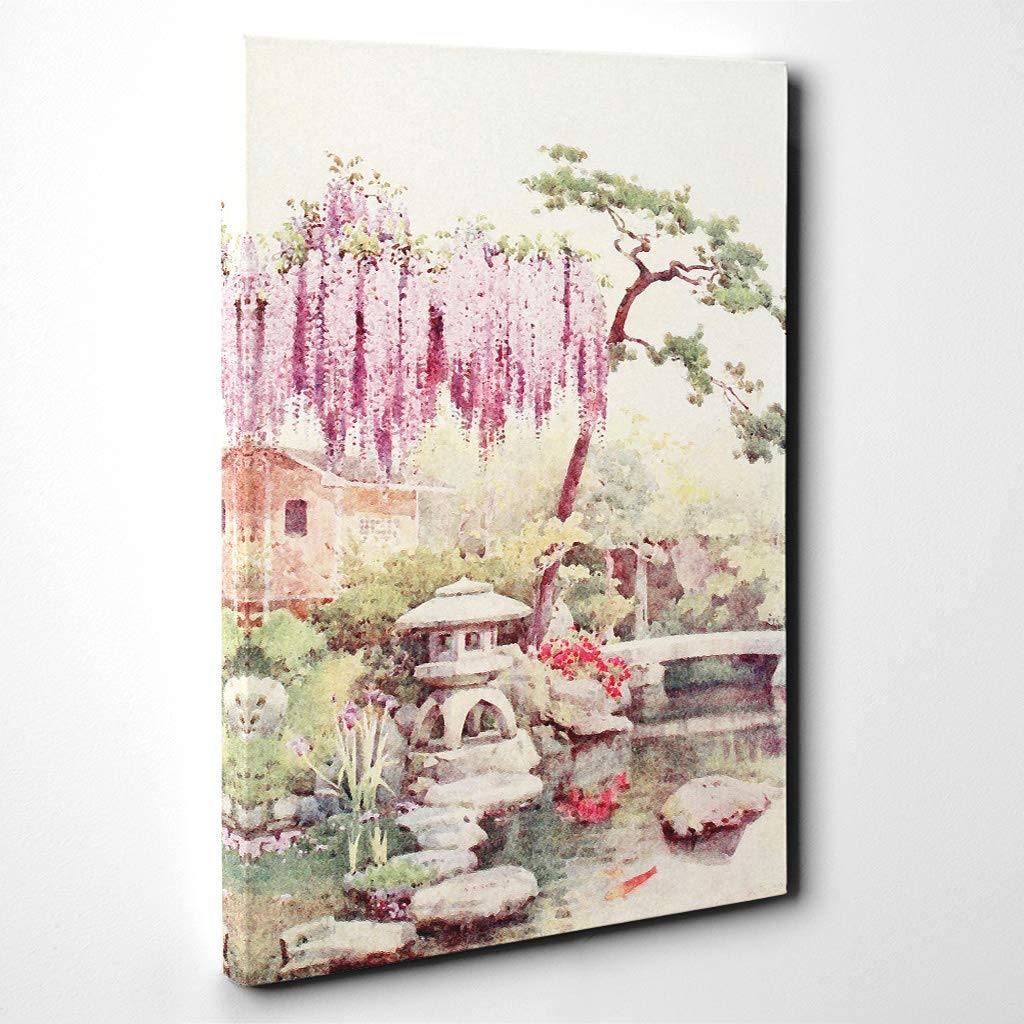 Ella Du Cane Japanese Oriental Wisteria in a Kyoto Garden Canvas Print | Gallery Wrapped 30mm Frame Wall Art | 20x14 inches | Ready to Hang | Asian Floral Picture | Living Room Bedroom Lounge Office