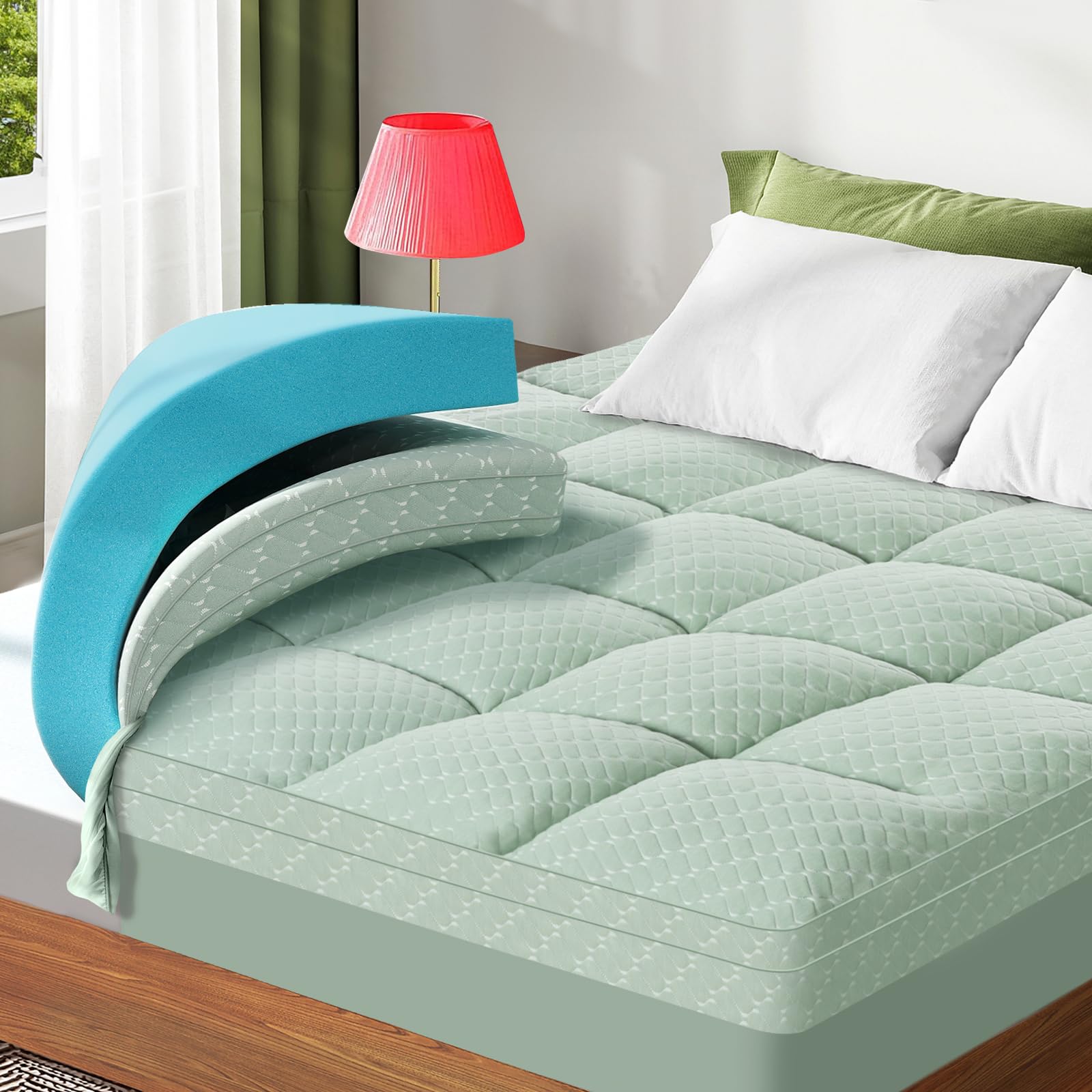 Dual Layer 3 Inch Memory Foam Mattress Topper California King Size, 2 Inch Gel Memory Foam Plus 1 Inch Cooling Pillow Top Mattress Pad Cover, with 8-21 Inch Deep Pocket, Green Image