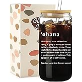 Mikopei Ohana Glass Cups with Lids and Straws - Ohana Means Family, Hawaii Gifts for Women Friends Girls, Iced Coffee Cup Smoothie, Cute Room Decor, 16 oz