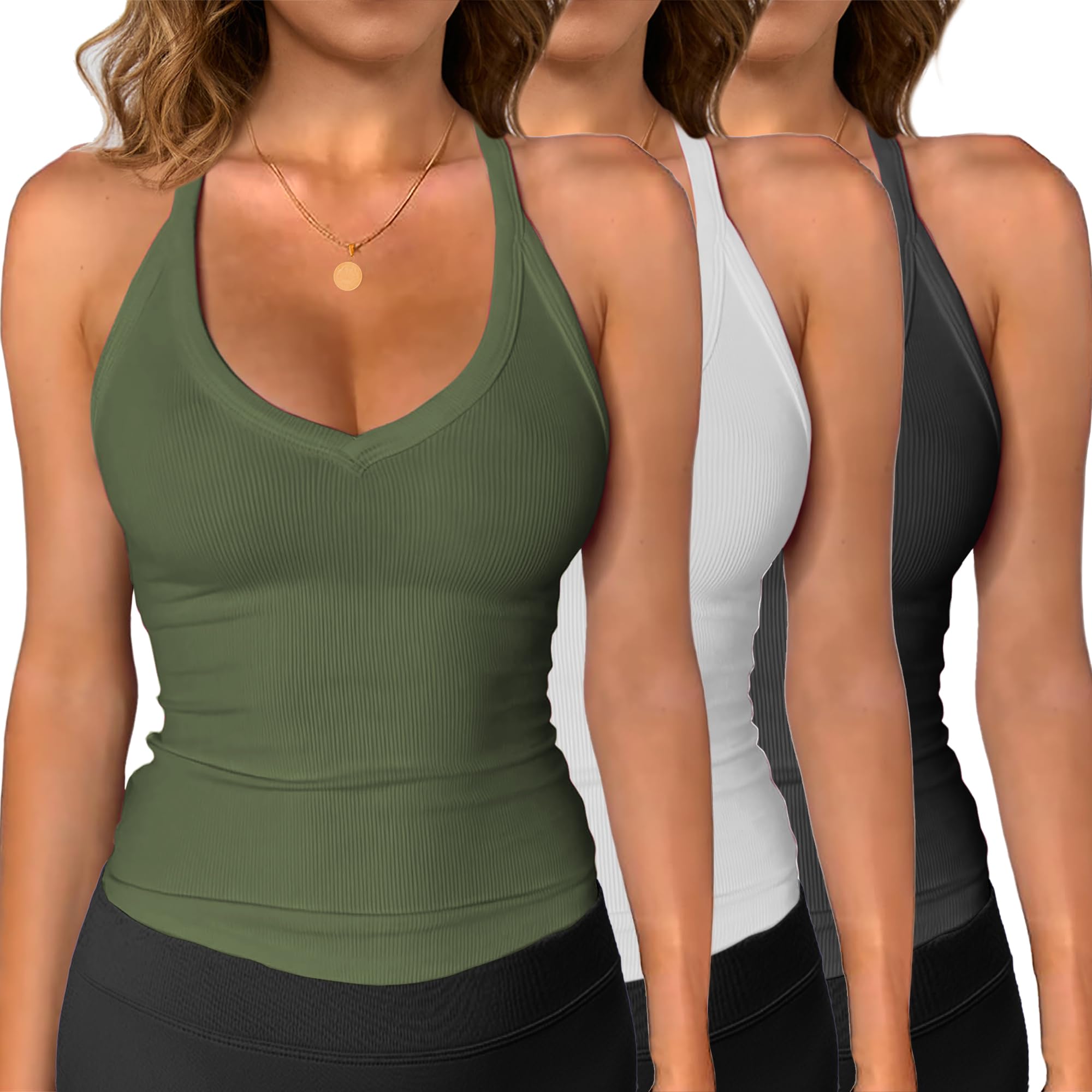 Photo 1 of iGENJUN 3 Pack WorkoutTops for Women Racerback Tank Tops 2025 Yoga Gym Ribbed Sleeveless Shirts Clothes,L,BlackWhiteArmyGreen