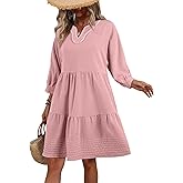 BLENCOT Summer Dresses for Women Casual V Neck 3/4 Puff Sleeve Boho A-line Tiered Babydoll Dress