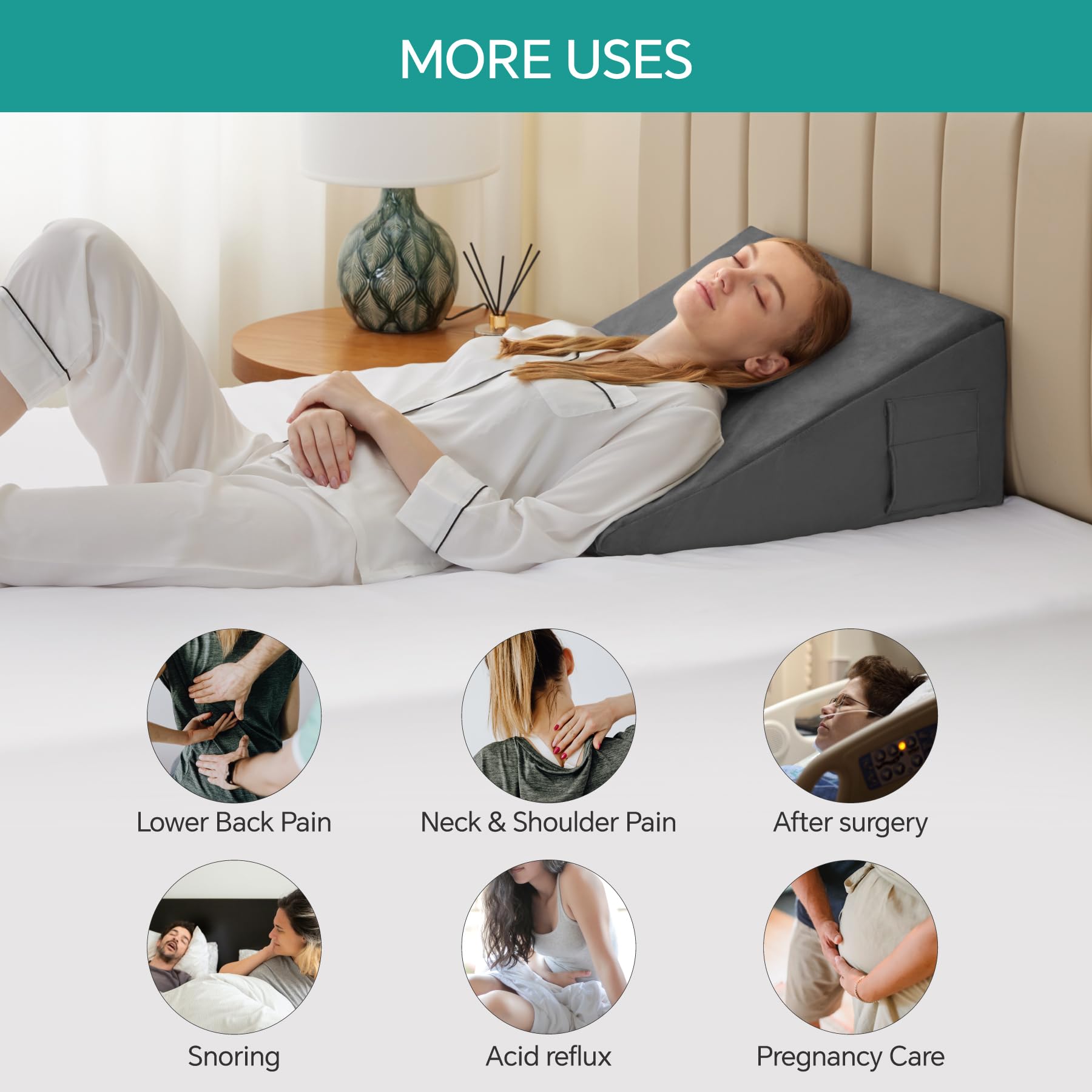 Bedluxe Wedge Pillow, 10 inch Bed Wedge Pillow for Headboard, Pillow Wedge for Acid Reflux Relief, Sleeping, After Surgery, Snoring, Gerd, Triangle Pillow Wedge - Cooling Memory Foam Top, Plush Grey