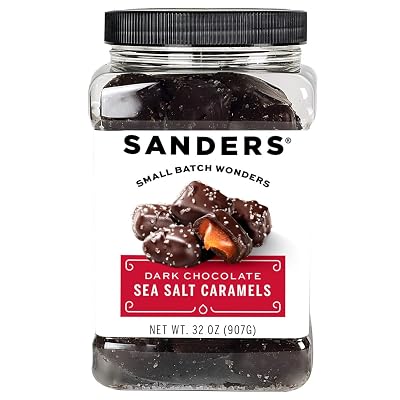 Sanders Dark Chocolate Sea Salt Caramels (32 oz Tub) – Handcrafted Small Batch Slow Cooked Caramel, Sea Salt Dark Chocolate with Rich Indulgent Flavor, Sweet & Salty
