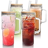 ANOTION Glass Cups with Lids and Straws - 24 oz Tumbler with Handle Christmas Coffee Cups Glass Straws Mason Jar Cups Drinking Set Kitchen Essentials Coffee Bar House Warming Gifts New Home