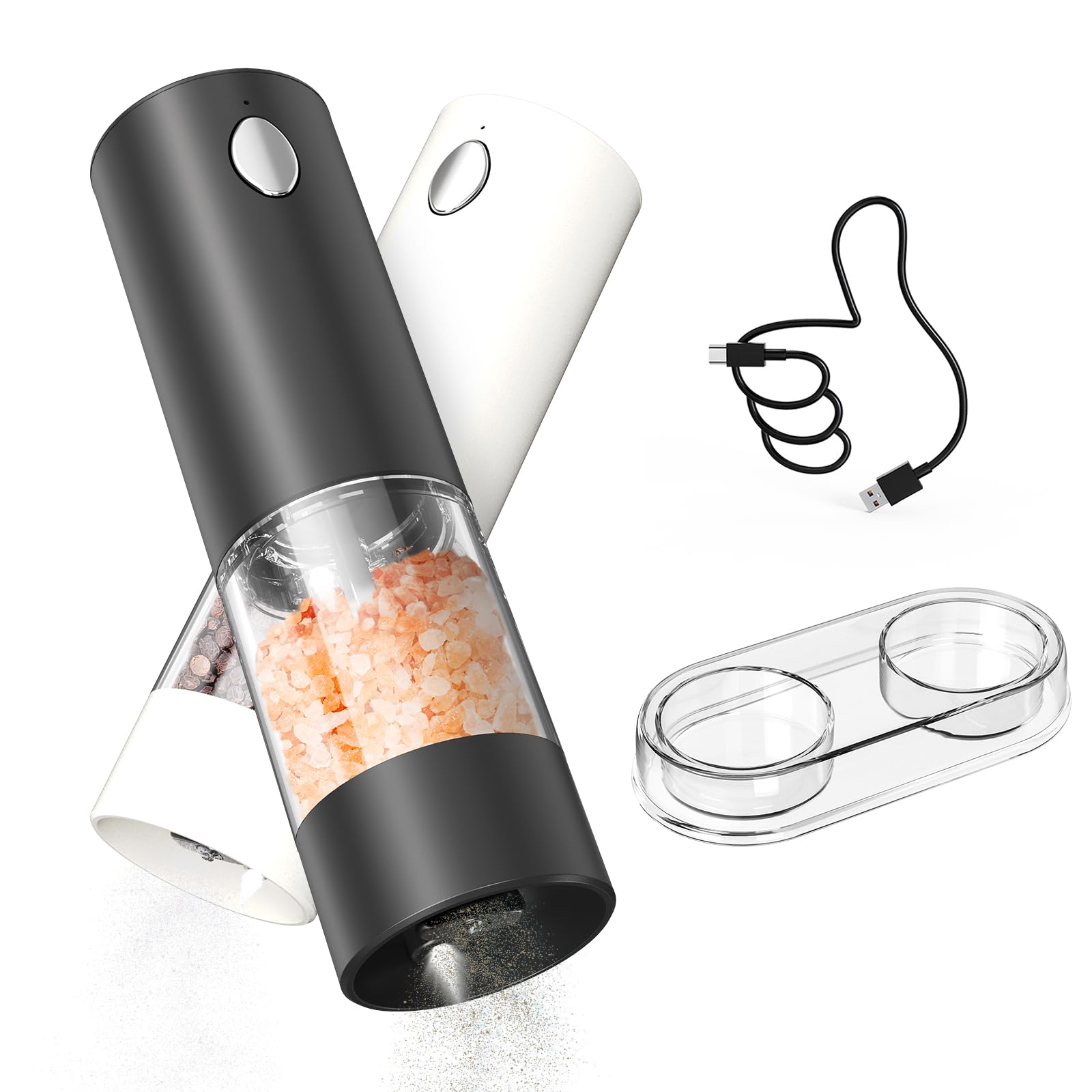 CIRCLE JOY Electric Salt and Pepper Grinder Set Rechargeable Salt and Pepper Mills with Storage Base, Adjustable Coarseness and LED White Light, Washable 95ml Container, Black & White