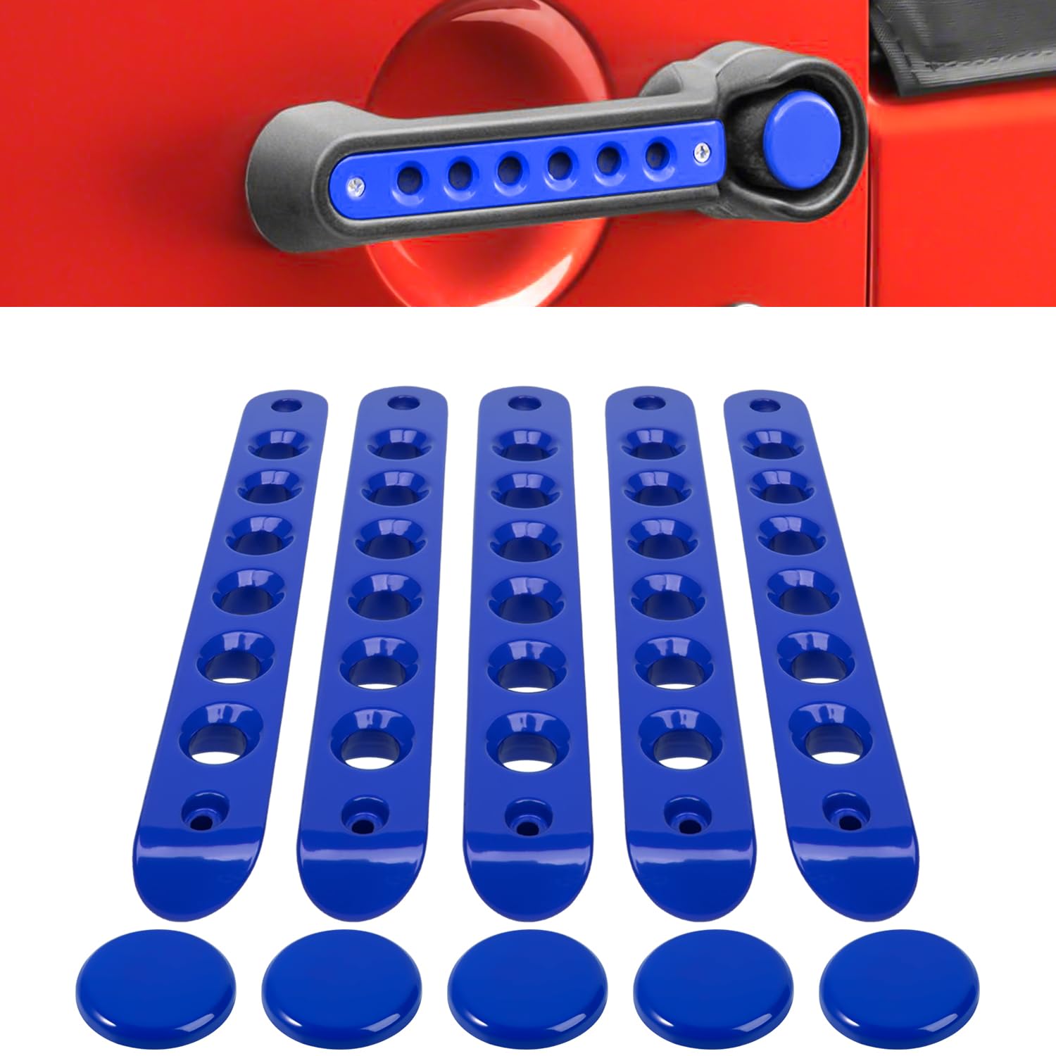 Photo 1 of E-cowlboy Grab Handle Inserts Cover+Push Button Knobs Cover Trim for Jeep Wrangler JK JKU Sahara Rubicon Unlimited 2007-2018 Exterior Door Handle Decoration Accessories Aluminum (Blue)