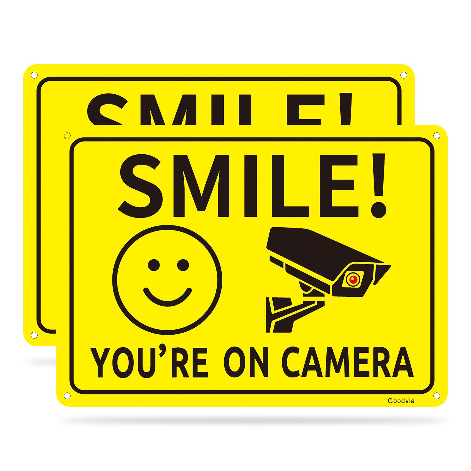 Goodvia Smile You Are On Camera Sign Metal 7 X 10", Smile CCTV Sign Reflective Aluminum Funny CCTV Signs Outdoor CCTV Signage Metal, Pack of 2