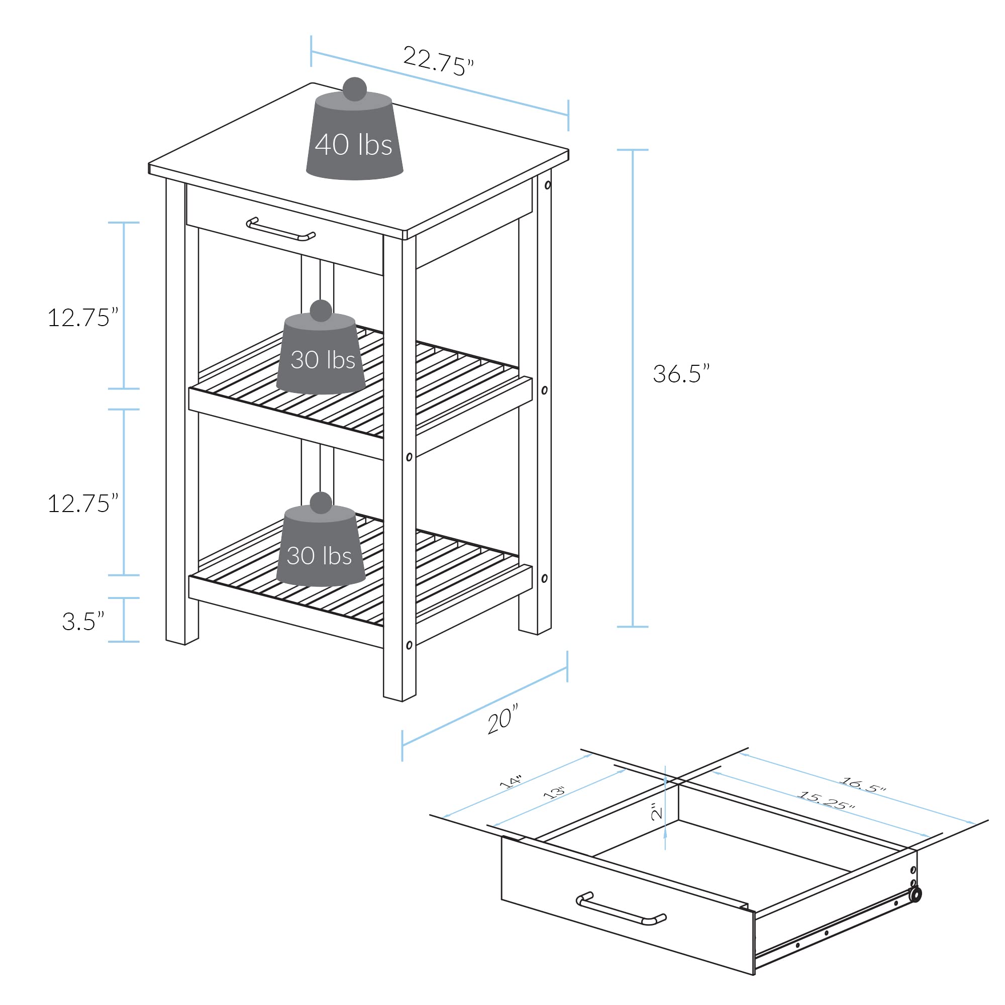 Casual Home Sunrise (Small) with Solid Harvest Hardwood Top Kitchen Island, 22.75