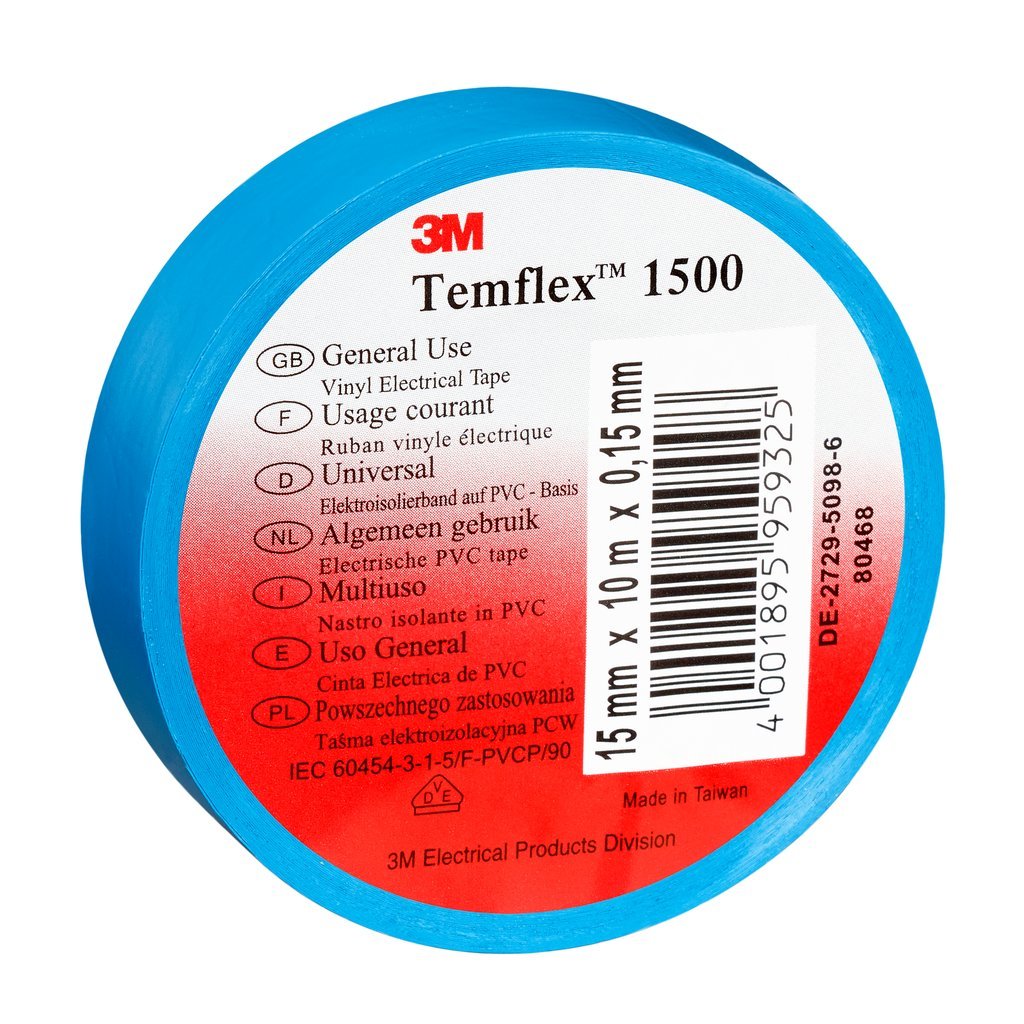 3 M TBLA1525 Temflex 1500 Vinyl Electrical Insulation Tape – Blue, 15 mm x 25 m x 0,15 mm