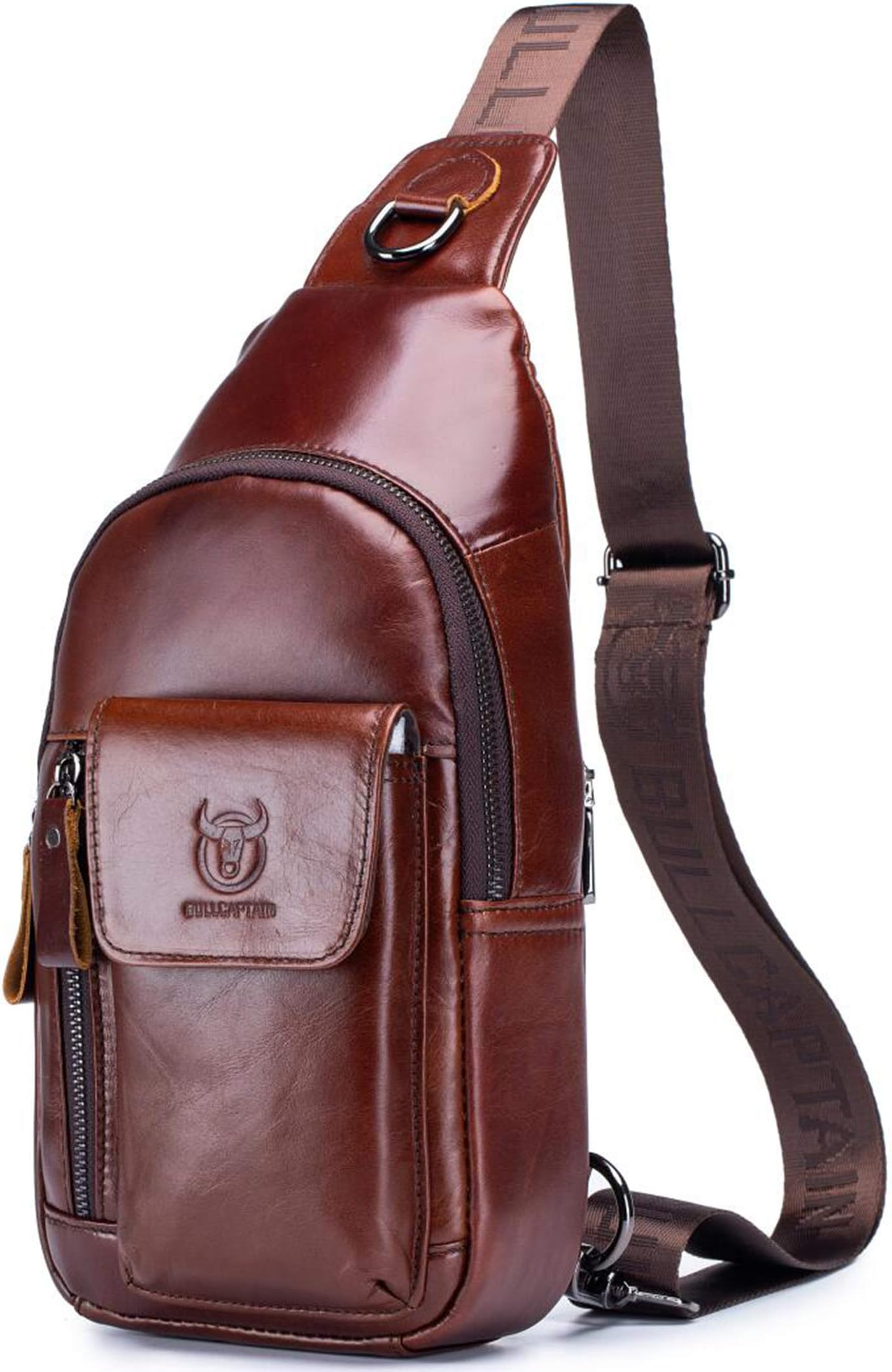 Bullcaptain Genuine Leather Sling Bag Multi-pocket Travel Shoulder Chest Bag Crossbody Daypack for Men with Earphone Hole