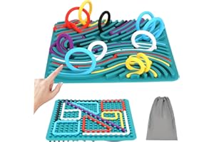LITTLELAMB Larger Double-Sided Sensory Activity Board, 7In Square Silicone Fidget Toy for Calming, Stress, Anxiety, ADHD & Autism, Travel Activities for Kids & Adults, Includes Travel Bag & 12 Strings (Green)