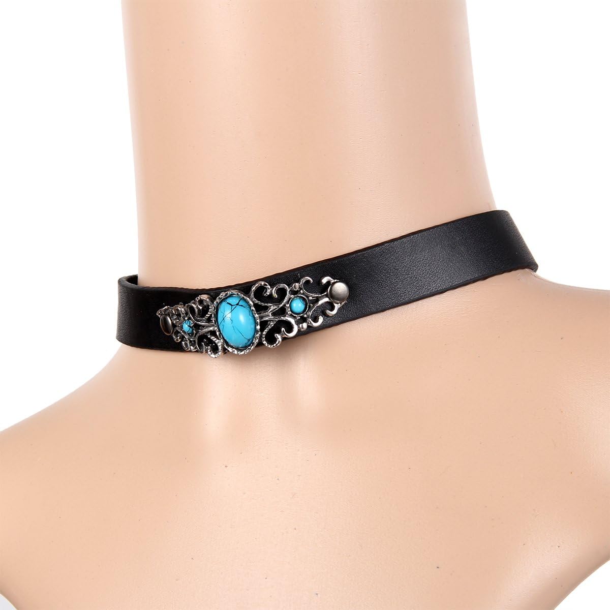 JewelryWe Black Elegant Gothic Faux Turquoise Leather Vintage Pendant Necklace Choker Collar for Halloween Party Custume Accessories - Image 4